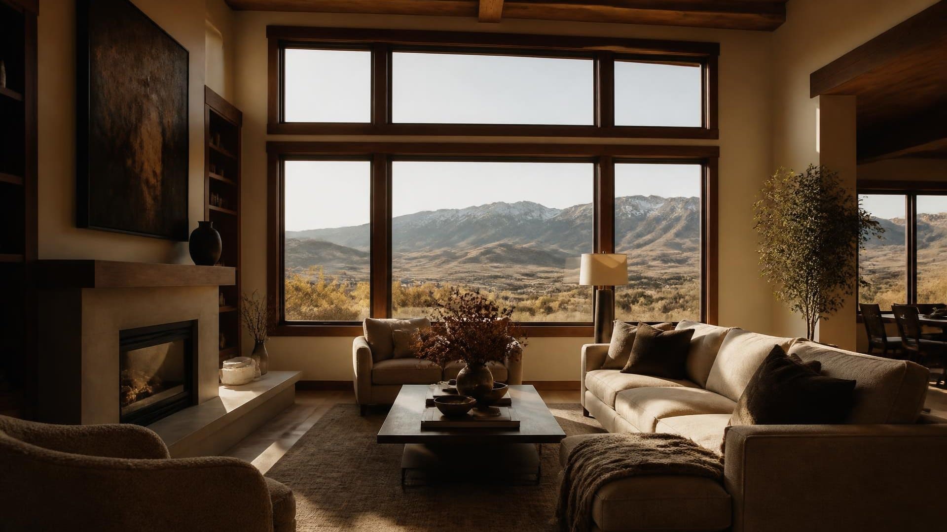 Sunlit staged living room in a Salt Lake City home listed for sale, with the Wasatch Mountains through tall windows